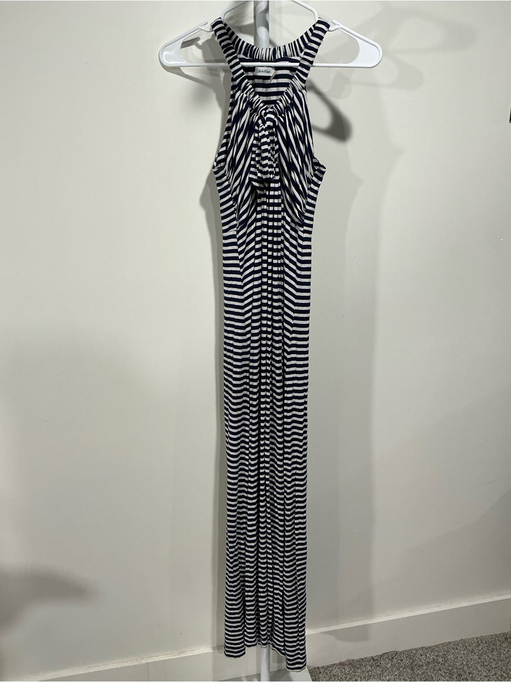 Calvin Klein Black and White Striped Halter Maxi Dress
